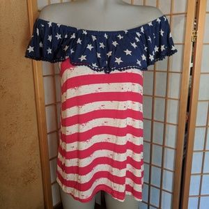 Cloud Chaser Off-Shoulder Stars & Stripes Tank Top in Navy, Red, and White